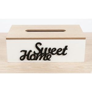 Sweet Home Wooden Tissue Box, White and Brown, Raised Lettering, Home Decor