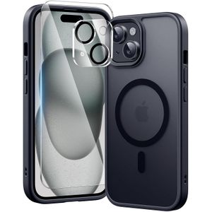 3 in 1 for iPhone 15 Plus Case with MagSafe, Screen Protector*1 Camera Lens Protector*1,Skin Feeling Back Cover Military-Grade Protection for iPhone 15 Plus Phone Case 6.7 inch Matte Black