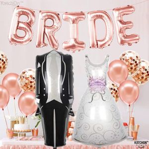مجموعة زينة بالونات لحفلة العروس - بالونات حروف فويل مكتوب عليها "BRIDE"، بالون فستان العروس، بالون بدلة العريس، بالونات لاتكس ذهبية وردية، وبالونات قصاصات ورقية - لوازم حفلات توديع العزوبية، وحفلات الخطوبة، وحفلات ما قبل الزفاف