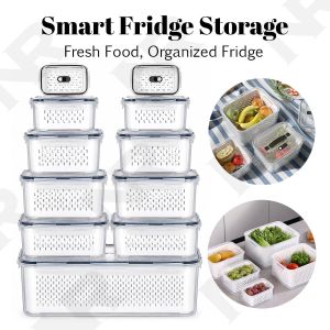 11 Piece Fridge Storage Container Set with Drain Baskets and Airtight Lids