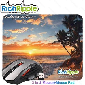 RichRipple 2 in 1 2.4G Bluetooth 5.0 Wireless Silent  battery-powered Mouse with  seaside sunset pattern mouse pad 3-Level DPI and Ergonomic Design for Office Library