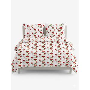 King size 5-piece bed sheet set with cherry print, including two pillowcases, two cushions, and a fitted sheet – modern design and cheerful colors