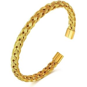 Fayrouz Jewelry سوار معصم مضفر بتصميم مفتوح للجنسين، مصنوع من ستانلس ستيل المقاوم للصدأ، بدون قلادة، قابل للتعديل . من فيروز جوليري . (ذهبي)