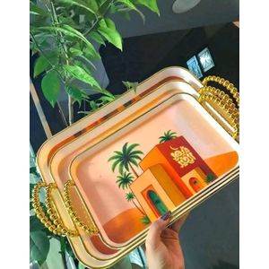 جيني طقم صواني بمقبض بابلز بتصميم شجرة النخيل، مقابض ذهبية مطرزة، 3 قطع صواني تقديم، 36/33/27 سم، .hg