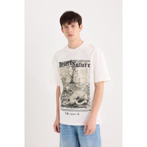 Defacto Man Crew Neck Boxy Fit Short Sleeve T-Shirt - Ecru