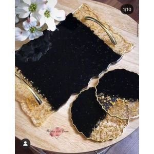 Handmade Resin Serving Tray Set with 2 Matching Coasters – Glossy Black & Metallic Gold Leaf Luxury Decorative Set with Handles