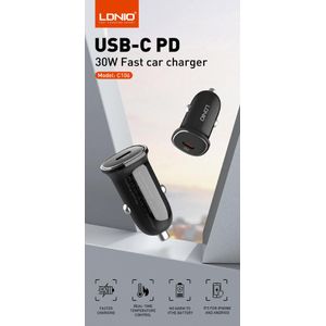 LDNIO شاحن سيارة C106 للشحن السريع 30 وات بمنفذ Type-C مع كابل Type-C إلى Type-C بجودة عالية