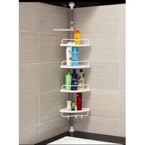 منظم حمام زاوية 4 رفوف قابل للتمدد مع حامل مناشف، تركيب بدون مسامير، تصميم موفر للمساحة، يتحمل حتى 16 كجم، مناسب لجميع الارتفاعات