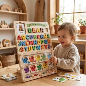 Wooden Alphabet Spelling and Color Sorting Educational Activity Board - Montessori Interactive Learning Toy for Kids - Spelling Practice, Color Recognition, and Fine Motor Skills Development Board