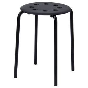 Stool A black MARIUS stool with a round seat and four metal legs. Its designed for stacking and made of steel and plastic.