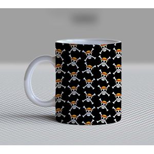 Anime Straw Hat Pirate Ceramic Coffee Mug – 11oz Aesthetic Black Tea Cup, Traditional Jolly Roger Skull Crossbones Pattern Mug for Coffee Lovers, Cool Birthday Gift for Men, Women & Anime Fans