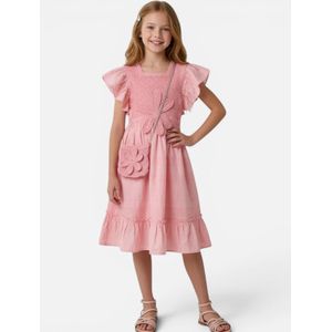 Girls' Crochet Detail Ruffled Summer Dress with Matching Bag - Pink
