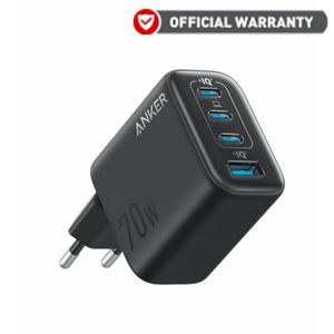 Anker شاحن حائط زولو 70 واط بـ 4 منافذ (3x USB-C + 1x USB-A) أسود مع كابل تايب سى تايب سى بطول 1.5 متر - B121CL11 بضمان etisal