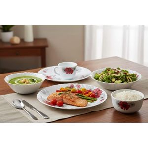 طقم عشاء 42 قطعة أبيض أحمر بتصميم أنيق – كامل للاستخدام اليومي