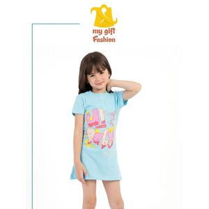 Girls' Light Blue "Happy Baby" Cotton Tunic - Playful & Comfortable