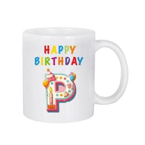 Happy Birthday Letter (P) Mug, White Ceramic Coffee Cup, Colourful Birthday Theme          