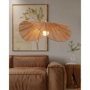 دلاية إضاءة من خيش الجوت الطبيعي بتصميم منسوج مميز – قطر 45 سم × ارتفاع 25 سم – دلاية سقف بوهيمي وريفي مع سلك وطبق تعليق أسود – مشكاة لايت