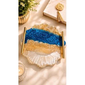 Handmade Resin Serving & Decorative Tray with Gold Handles – Ocean Blue, Pearl White & Gold Leaf Coastal Design