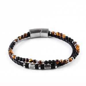 Men's Stainless Steel Magnetic Clasp Genuine Leather and Natural Stone Bracelet