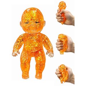 Shiny Baby Doll Stress Relief Toy - Soft Rubber Squeeze Fidget Ball for Anxiety, Orange Glitter