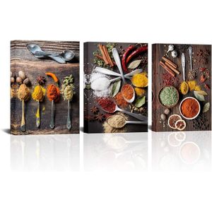 Kalormore Kitchen Pictures Wall Art Decor Colorful Spices in Retro Spoons Canvas Prints Food Photo Decoration Stretched on Wood Frame Ready to Hang