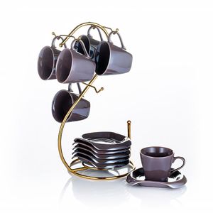 Lotus طقم قهوة بورسلين لاستر 12 قطعه + إستاند ذهبي