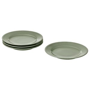 Side plate Four light green plates, three stacked, one flat, textured rim, ceramic.