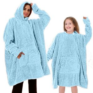Snooze طقم سناوز مثل الأم مثل الابنة 2 قطعة، بطانية قابلة للارتداء بحجم كبير مع هودي، لون أزرق فاتح