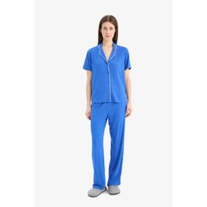 Defacto Regular Fit Short Sleeve Top Waist Elastic Long Bottom Pajamas Set