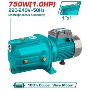 مضخة نفاثة ذاتية التحضير – 750 واط (1.0HP) – 220-240 فولت 50 هرتز – موتور نحاس، عمود ومروحة ستانلس ستيل، جسم مطلي بالكهربية، ارتفاع أقصى 51 متر، تدفق 55 لتر/دقيقة – مضخة متينة للمنازل والحدائق