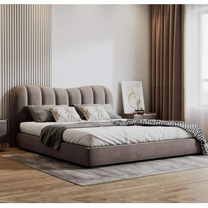 At Home  سرير مودرن منجد 160سم ضهر قطيفه ناعم مع ألواح سرير من خشب الموسكى