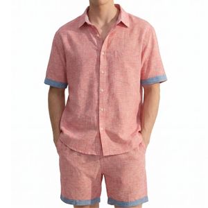 Men's 2-Piece Summer Linen Blend Set. Red Chinee Linen. Short Sleeve Shirt & Matching Shorts. Breathable Casual Vacation Outfit. XLarge