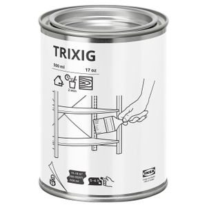 Wood treatment oil, indoor use A round white can with TRIXIG on it, featuring a black and white illustration of wood treatment.