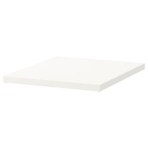 Shelf A white ELVARLI shelf, rectangular in shape, made of acrylic paint on particleboard with plastic edges.