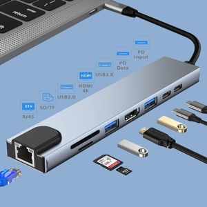 محول متعدد المنافذ USB نوع سي من نيوجينيوس 8 في 1 الألومنيوم لأجهزة ماك بوك برو- اير وأجهزة عالية الدقة HD مع ميزة 4 كيه 30 بي دي 87 وات ومنافذ 1.1 و2.0 و3.0 رمادي