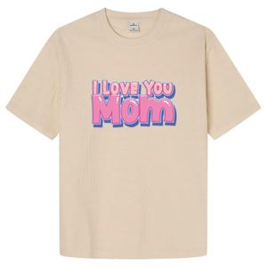 I Love You Mom Graphic T-Shirt, Beige, Short Sleeve, Crew Neck, Retro Style