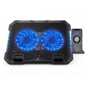 Jertech حامل تبريد لابتوب KL332 باللون الأسود مع مروحتين LED زرقاوين ومسند قابل للتعديل لتحسين التهوية أثناء الألعاب والعمل