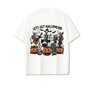 White t-shirt with Halloween graphics, decorated with skeleton and pumpkin designs.