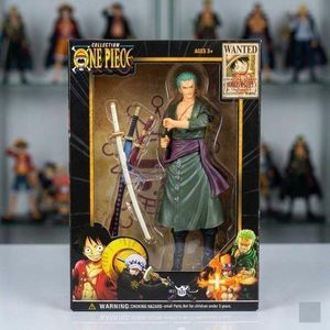 General One Piece Roronoa Zoro Figure - High-quality PVC model with three swords - Comes in a detailed "WANTED" box - Perfect gift for kids, anime fans, and collectors - A durable collectible for display and decoration