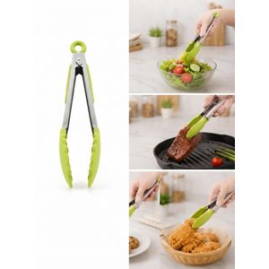 Silicone Kitchen Food Tongs, Stainless Steel Serving Tongs with Heat-Resistant Silicone Tips - Green