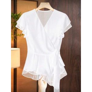 SHEIN V-Neck Ruffle Trim Tie Waist Small Cap Sleeve Chiffon Blouse White Nurse Peplum