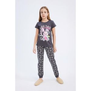 Defacto 100% Cotton Anime Printed Waist Elastic Pajamas Set Girl Kids