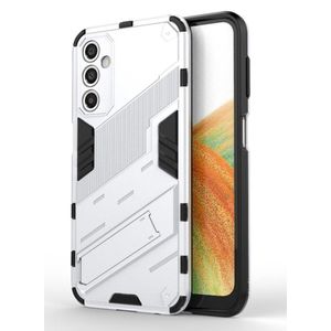 جراب هاتف بانك أرمور 2 في 1 مقاوم للصدمات مصنوع من البولي كربونات والبولي يوريثين الحراري مع حامل غير مرئي لهاتف سامسونج جالاكسي A14 (أبيض)