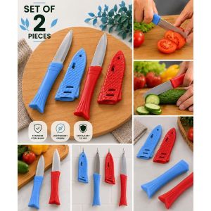 Paring Knife Set of 2 with Blade Covers – Stainless Steel Fruit & Vegetable Knives, Sharp Kitchen Utility Knives with Ergonomic Handles Blue/Red