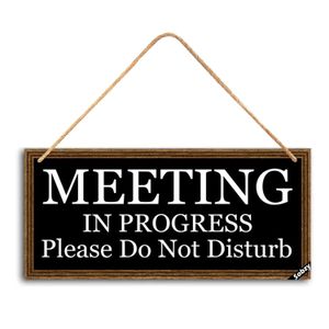 Sobzy Meeting in Progress Please Do Not Disturb Wood Hanging Door Sign for Office Commerical Use, 5.9x11.8inch