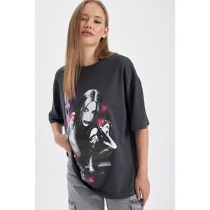 Defacto Oversize Fit Printed Short Sleeve T-Shirt - Anthra