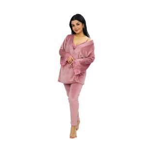 Dadoush طقم بيجامة نسائي قطيفة ثلاث قطع، روب مع بنطلون وحمالة صدر دانتيل، بيجامة شتوي للنساء 3 قطع - طقم بيجامه حريمى شتوى قطيفه