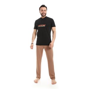 Andora Short Sleeve Solid Pattern Pajama Set - Black & Brown