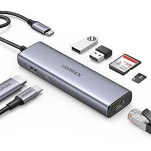 Ugreen موزع USB C 7 في 1 مع HDMI 4K وإيثرنت جيجابت وشحن 100 واط وقارئ SD وTF