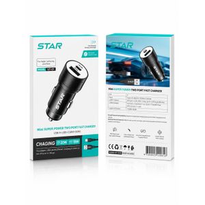 STAR ST-01 38W Two-Port Fast Car Charger (PD 20W USB-C + QC 18W USB-A) Mini Super Power Adapter - Grey